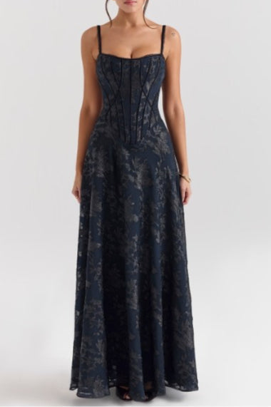 Floral Spaghetti Strap Corset A-Line Maxi Dress