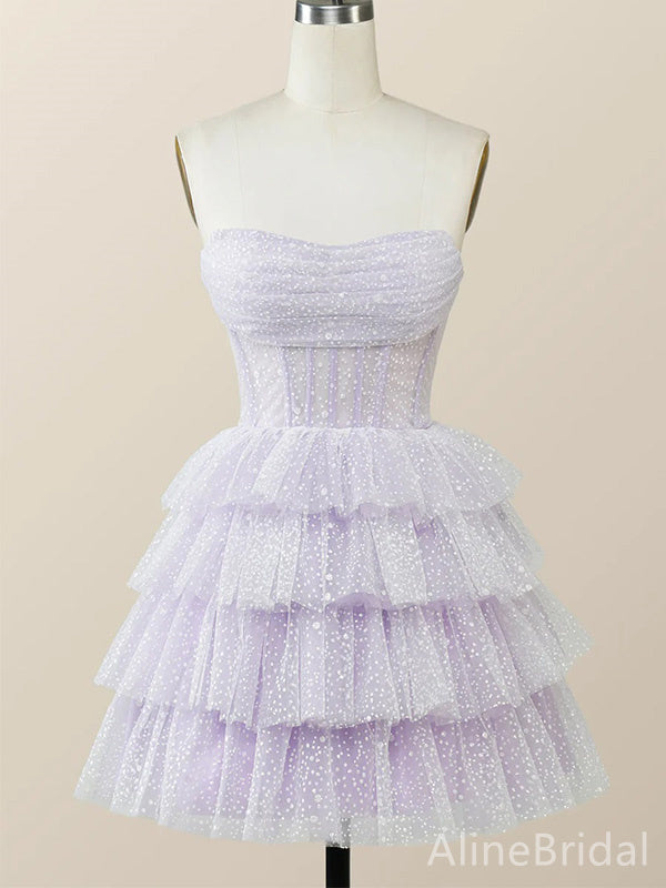 Elegant Purple Strapless A-line Short Mini Layered Tulle Homecoming Dress, HD32680
