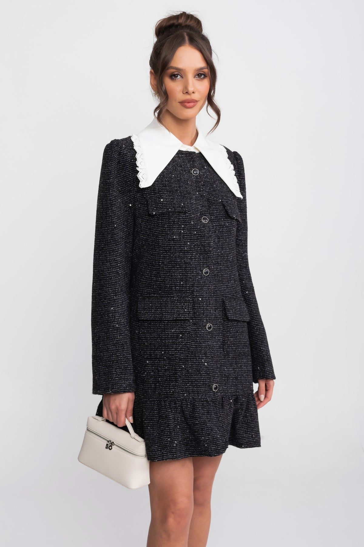 Sequin Tweed Contrast Collar Long Sleeve Button Front Ruffle Hem Mini Dress