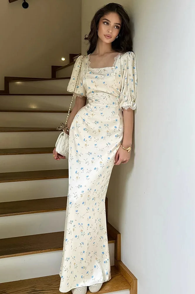 Satin Puff Sleeve Floral Dress in Blue - View 2