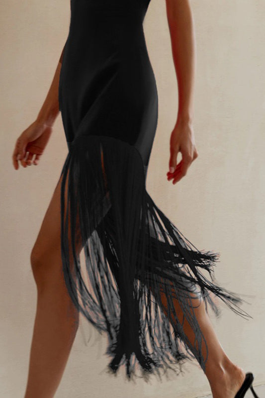 Strapless Fringe Thigh Slit Bodycon Mini Cocktail Dress
