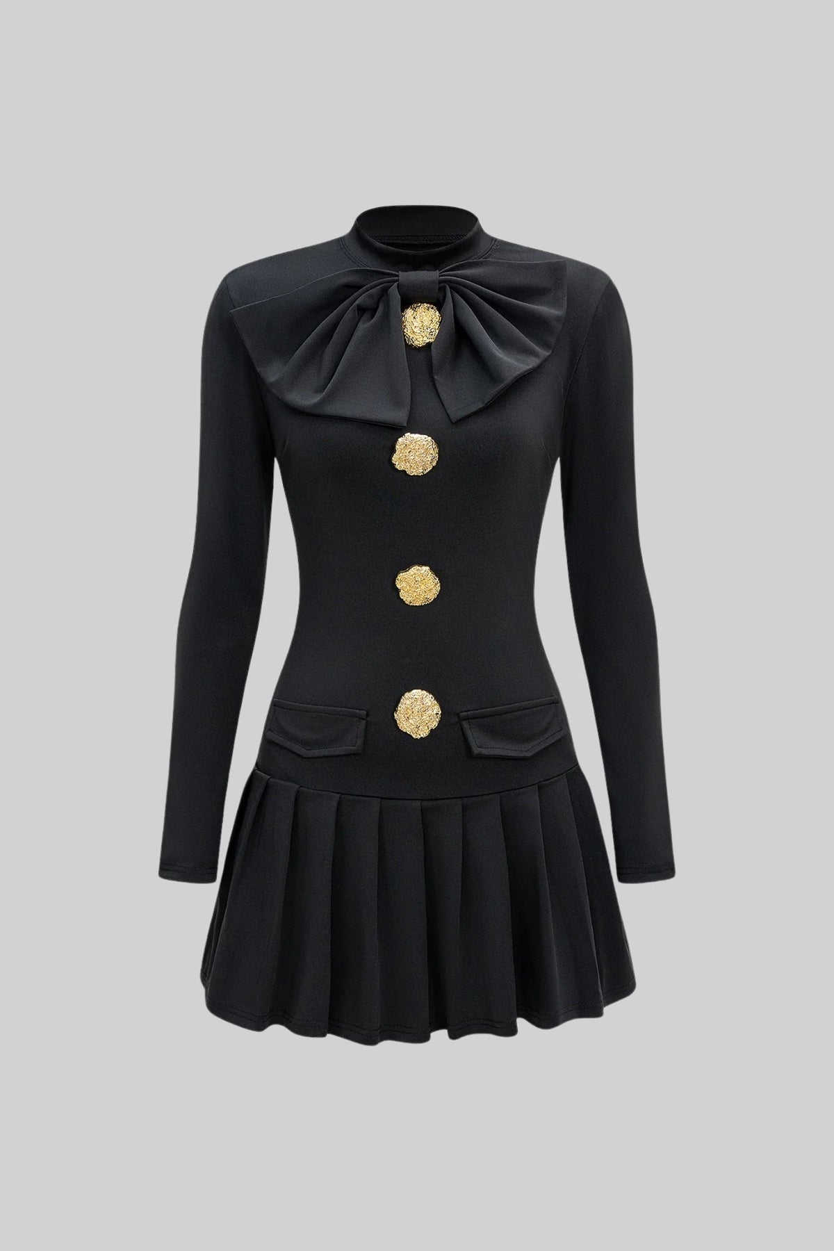 Bow Neck Metallic Button Flap Pocket Box Pleat Long Sleeve Mini Dress - View 2