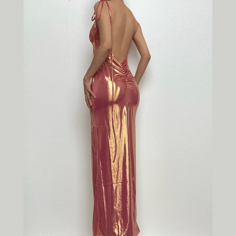 Metallic Tie Strap Backless Ruched Back Bodycon Maxi Dress