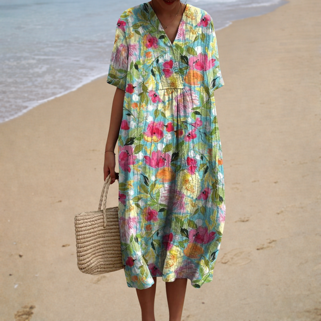 Floral Print V-Neck Short Sleeve Oversized Maxi Dress Summer