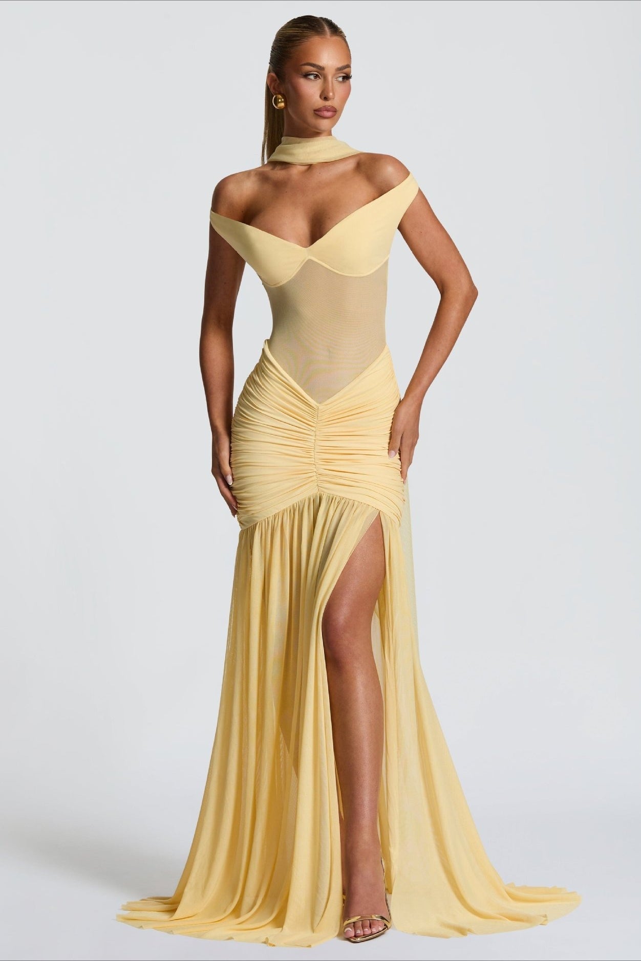 Off Shoulder Ruched Backless Mermaid Maxi Prom Dress