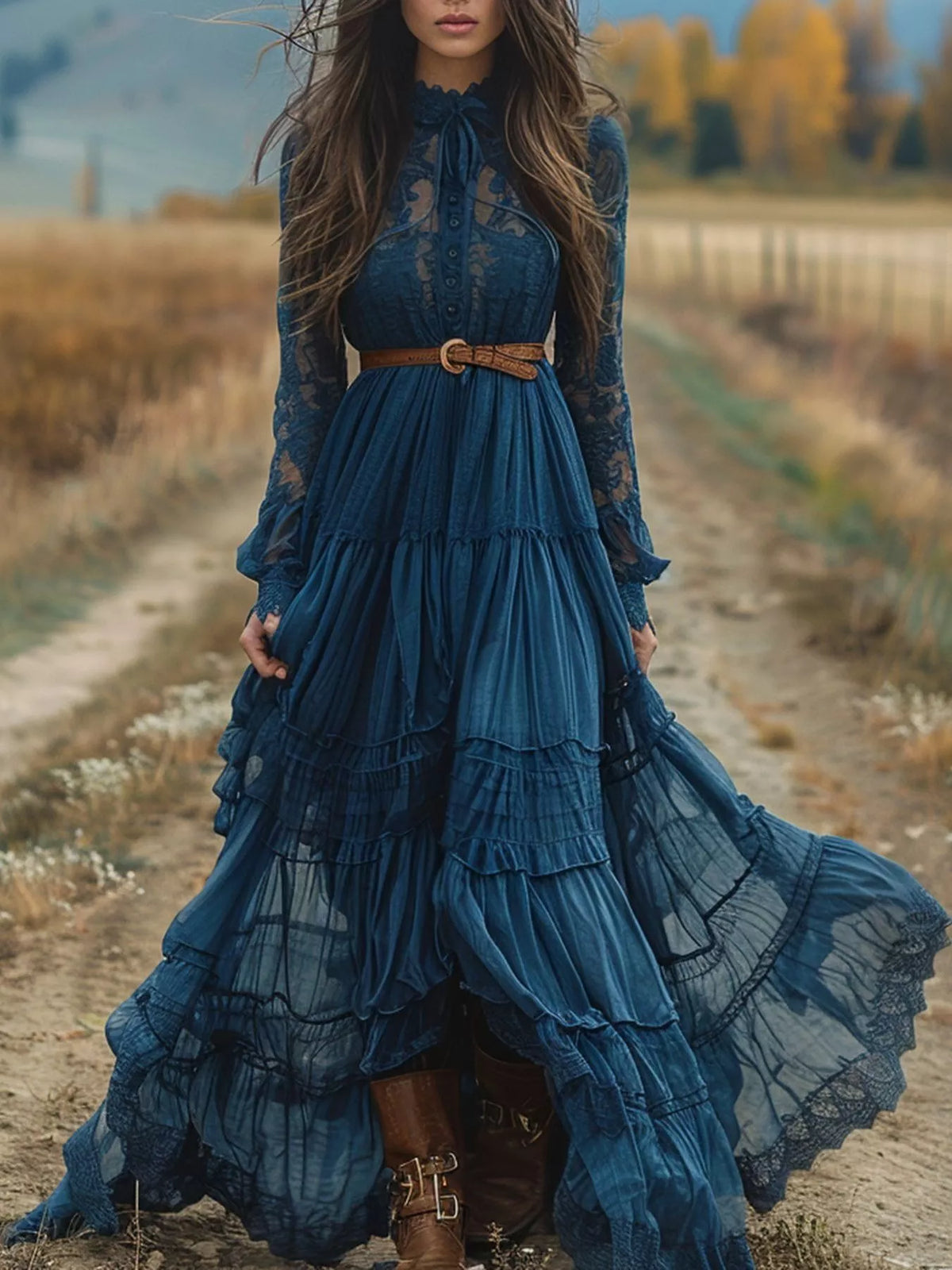 Lace Mock Neck Long Sleeve Button Front Tiered Ruffle Maxi Dress
