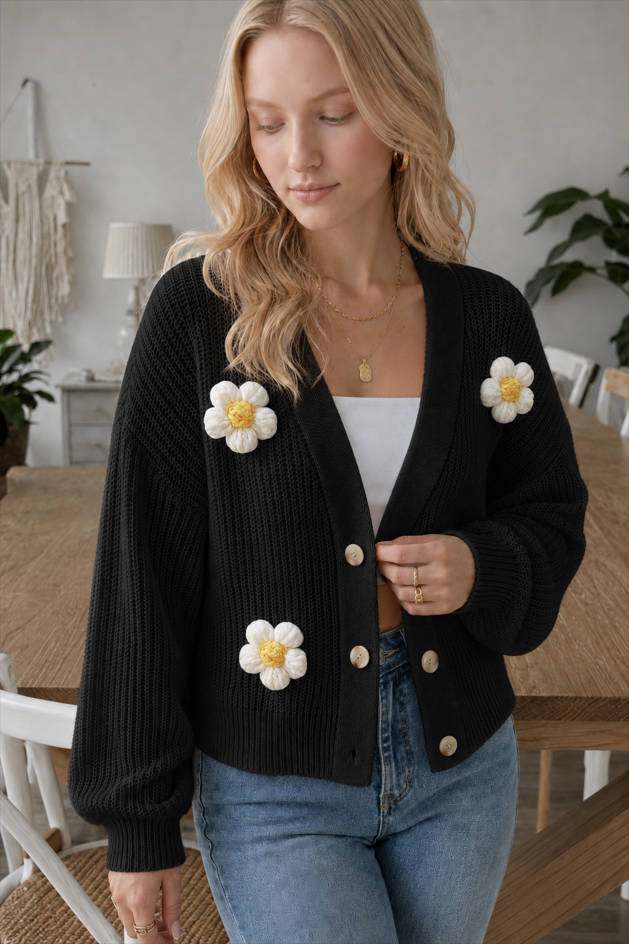Short Floral Knit Long Sleeve Cardigan