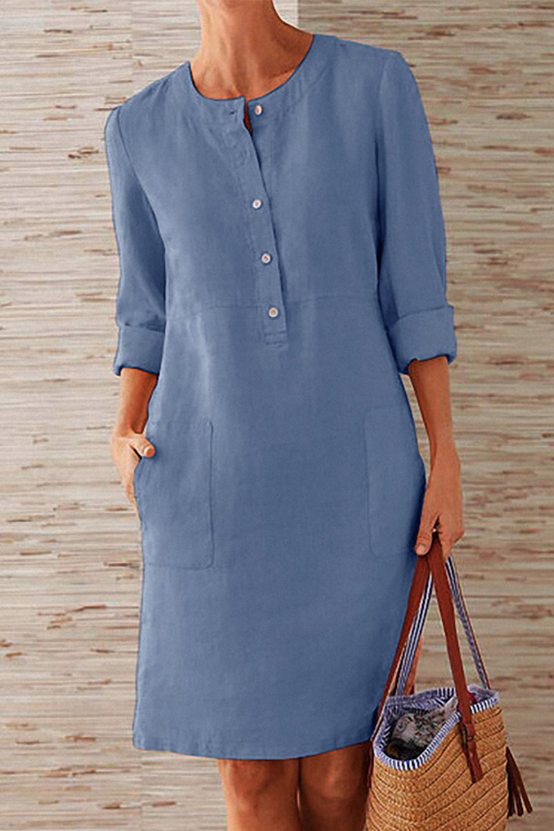 Round Neck Partial Button Patch Pocket Three Quarter Sleeve Shift Dress