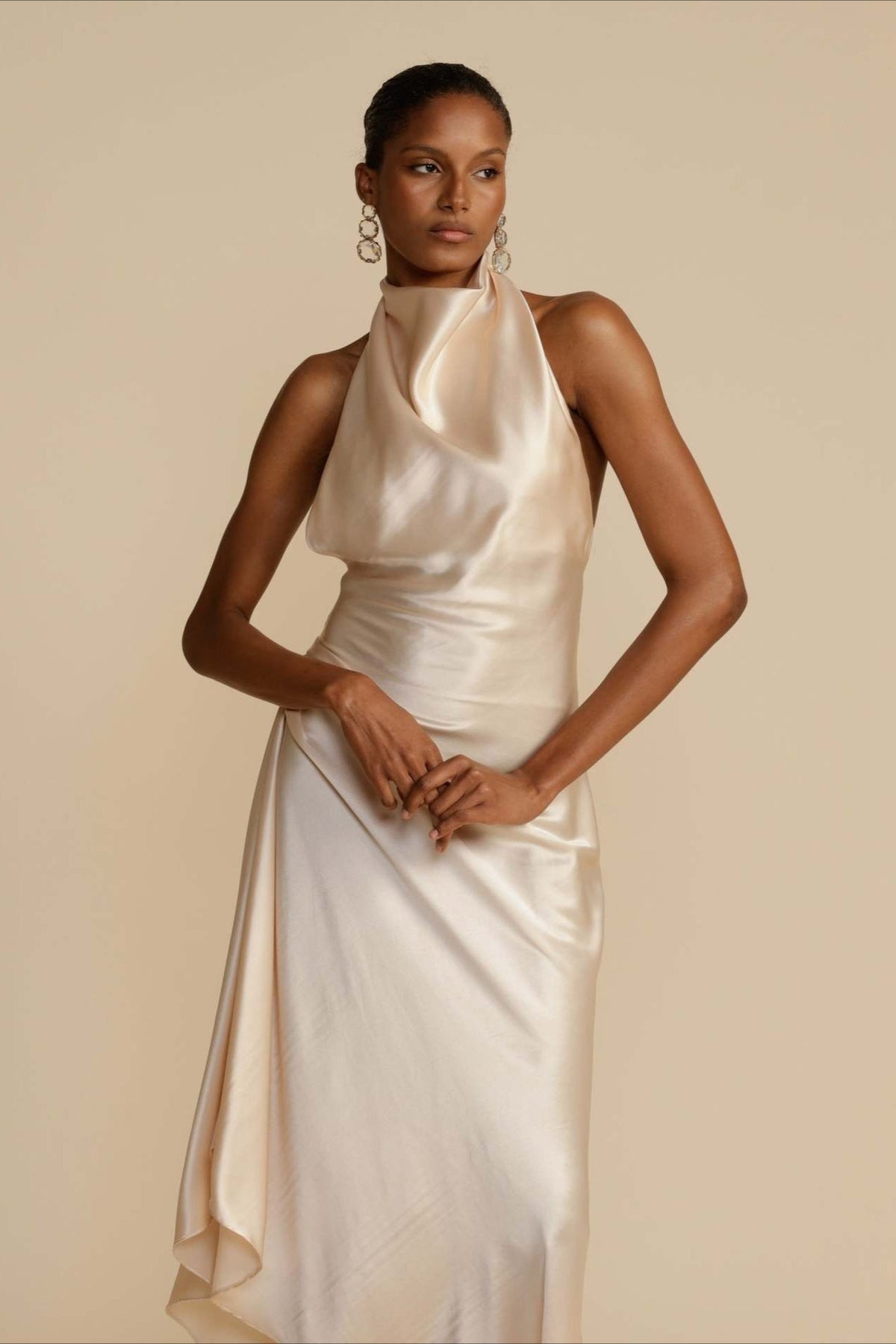 Satin Halter Neck Draped Asymmetric High Low Midi Dress - View 2
