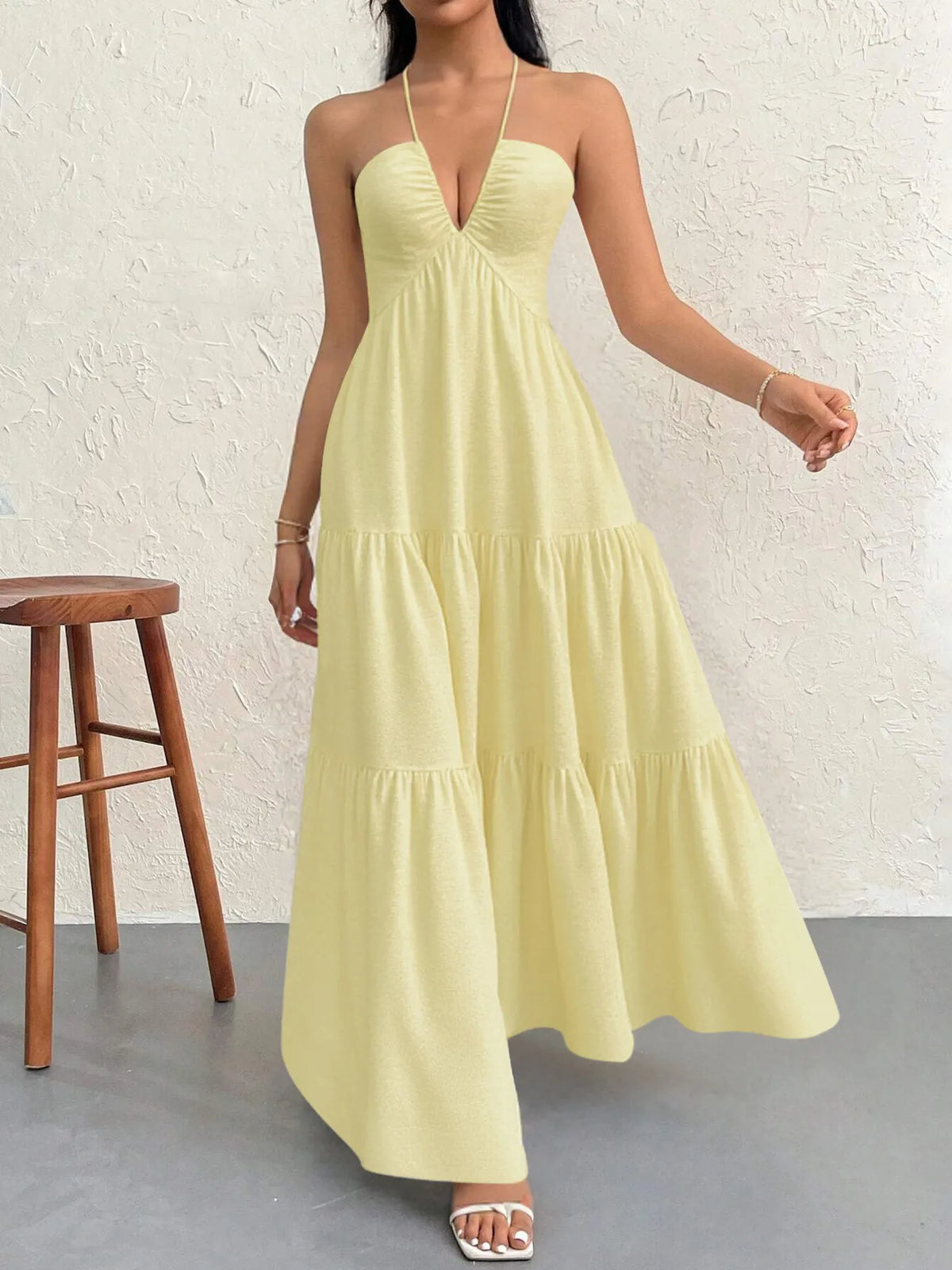 Halter Neck Deep V-Neck Sleeveless Tiered Maxi Dress 6