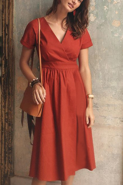 V Neck Short Sleeve Midi Dress