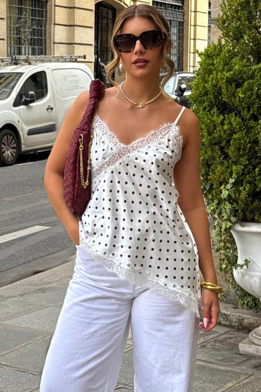 Lace Trim Dotted Cami Top