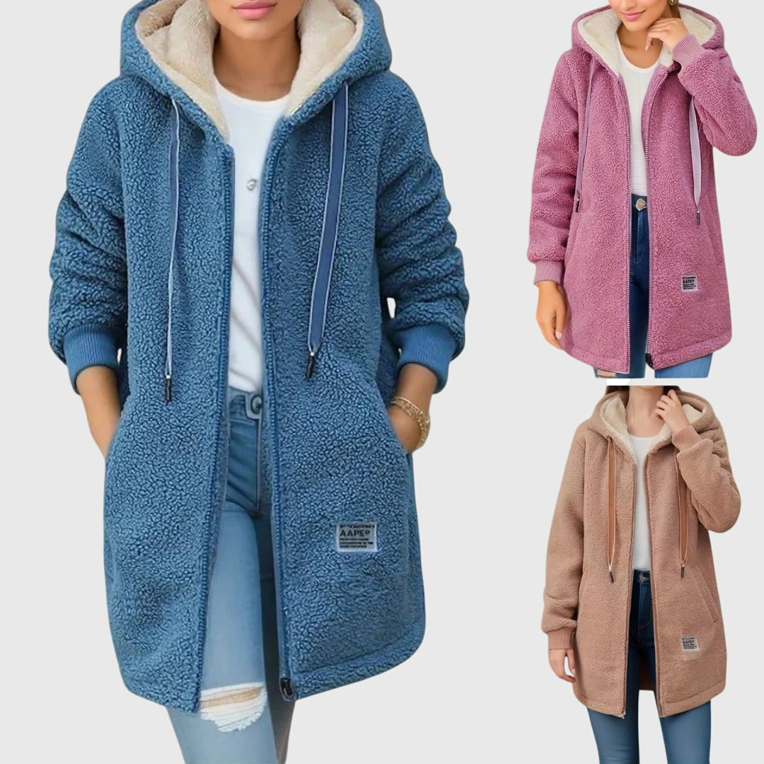 Hooded Zip Front Sherpa Fleece Longline Jacket