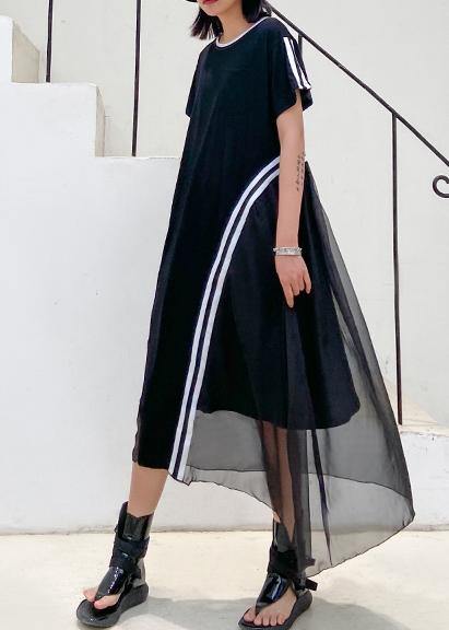 Mesh Overlay Crew Neck Short Sleeve Pocket Diagonal Stripe Midi Dress