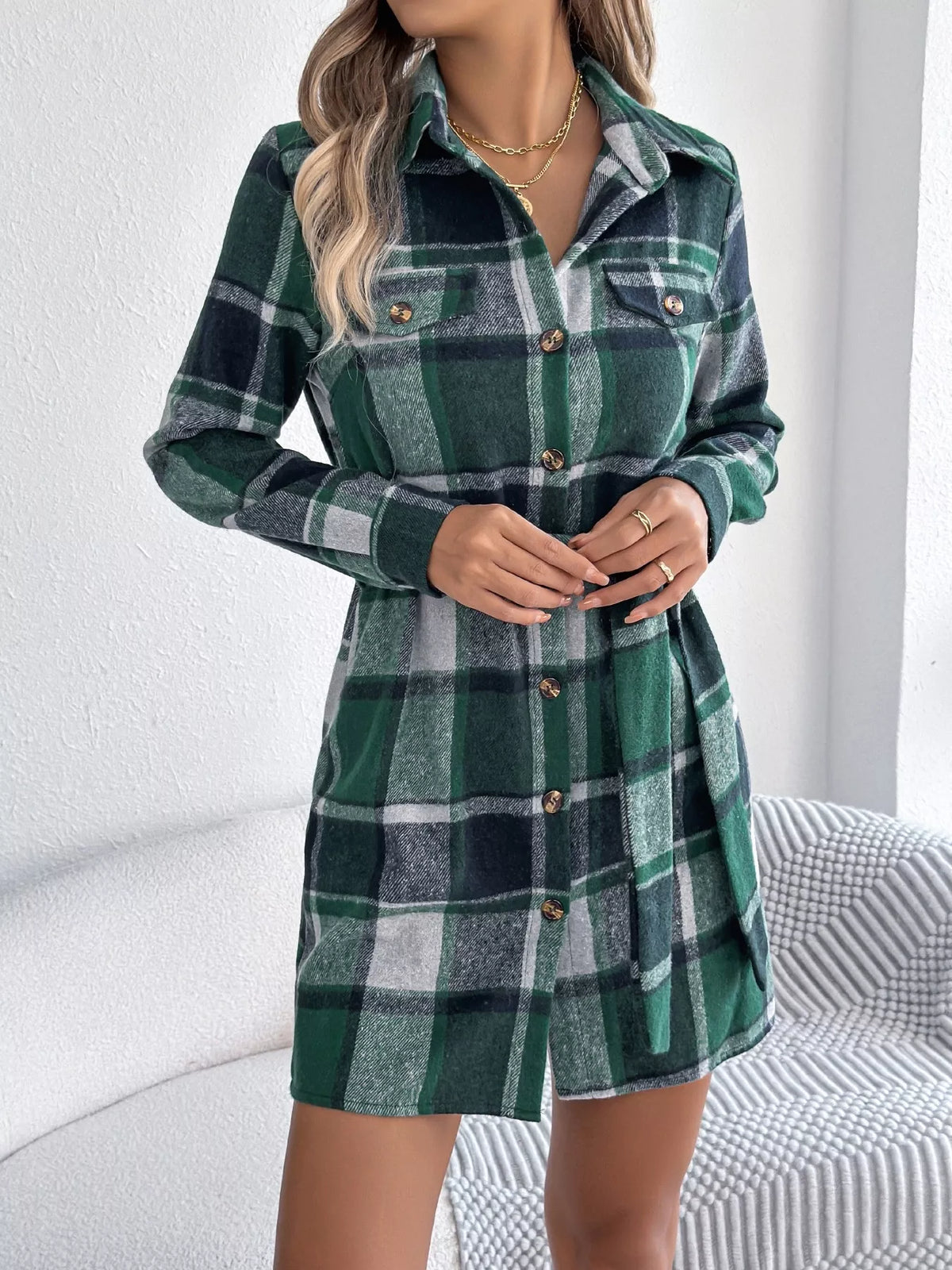 Plaid Button Front Tie Waist Shirt Dress