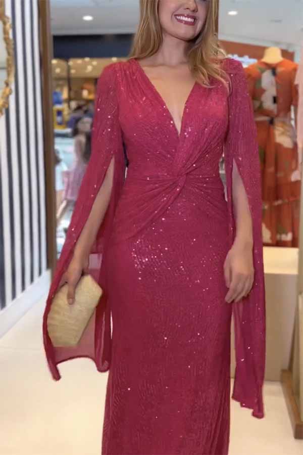 Sequin Deep V-Neck Cape Sleeve Twist Waist Maxi Dress
