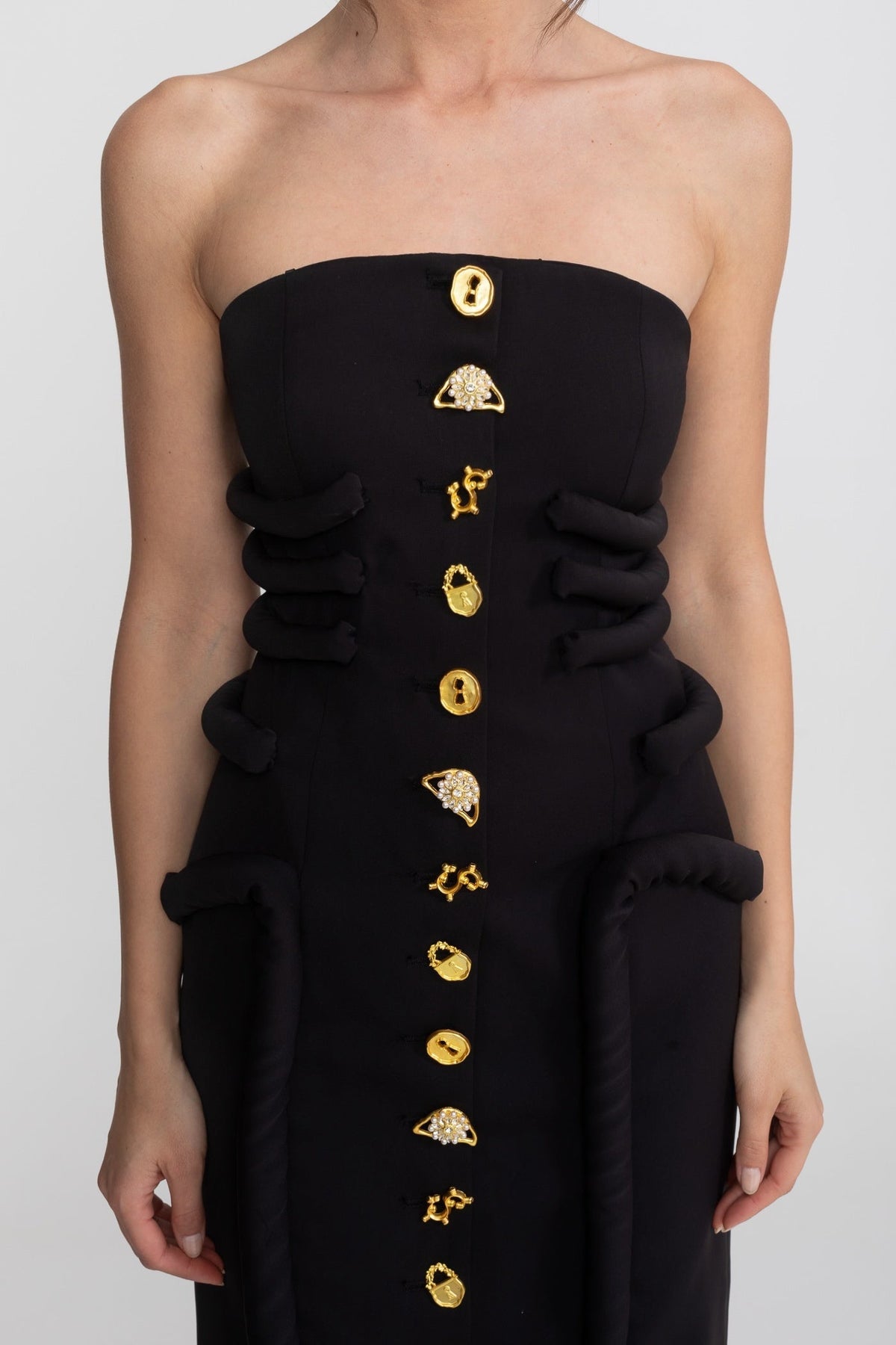 Strapless Jewel Button Padded Panel Column Midi Dress - View 3
