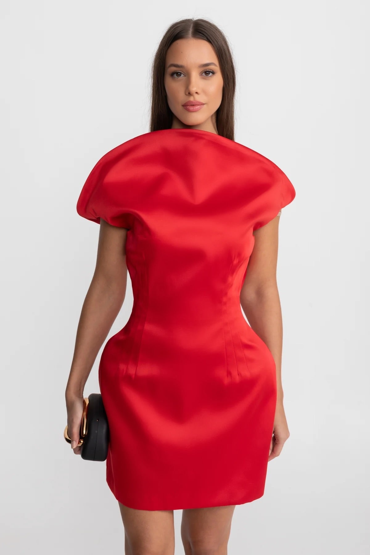 Satin Sculptural Shoulder Boat Neck Structured Hip Mini Dress