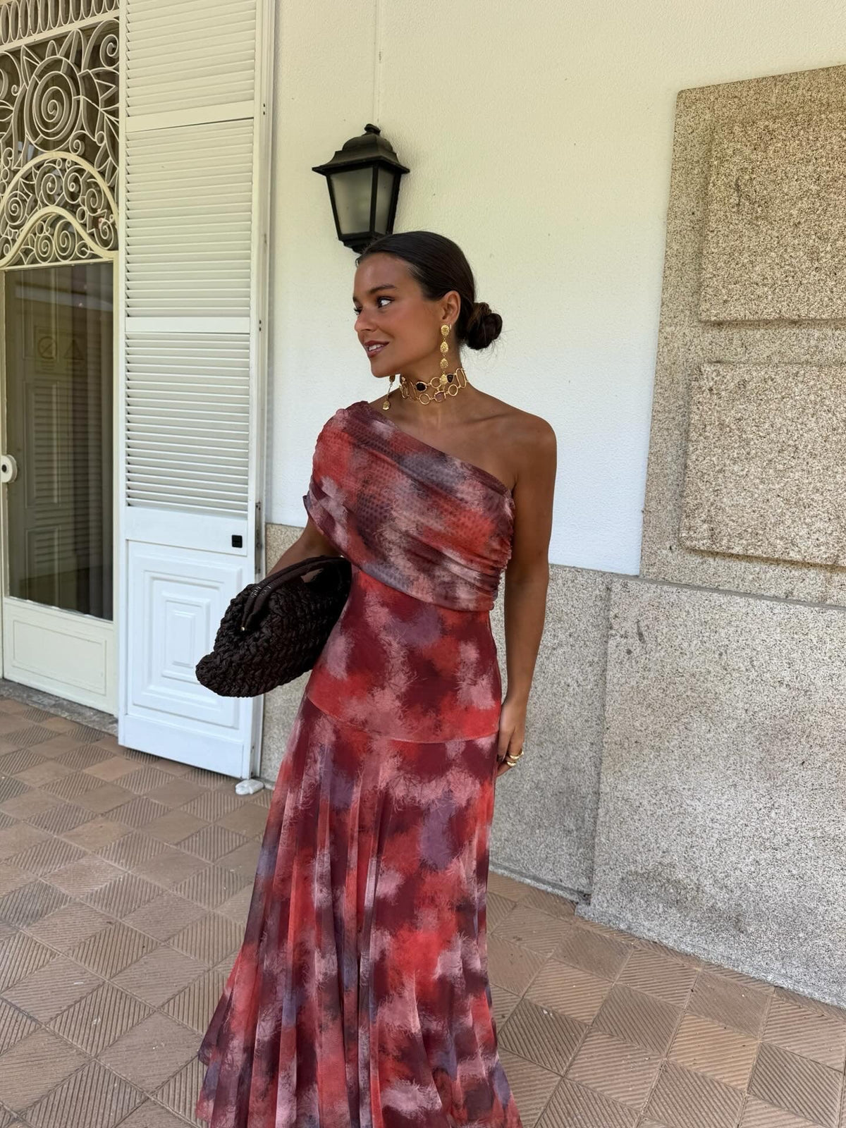 Abstract Print One Shoulder Ruched Flared Maxi Dress
