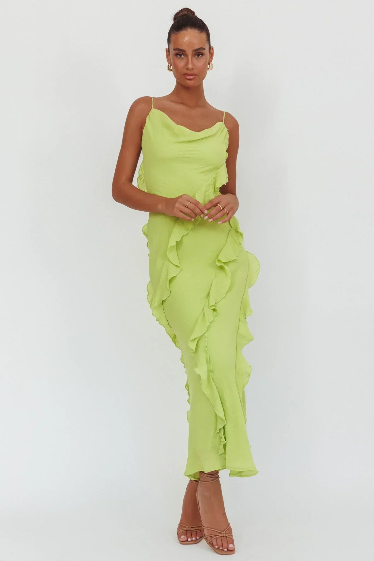 Panama Bay Ruffle Trim Cowl Neck Maxi Dress Sage