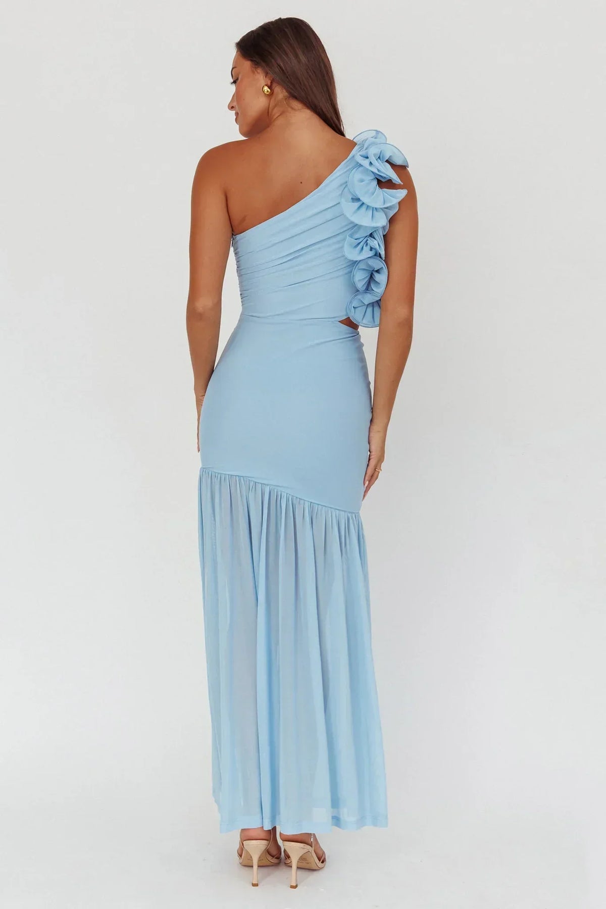 One Shoulder Rosette Ruffle Cut Out Sheer Mesh Hem Maxi Dress 2