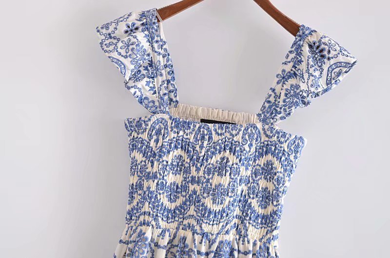 Smocked Ruffle Strap Medallion Embroidery Waist Cut Out Scalloped Hem Midi Dress