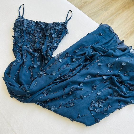 Sexy Mermaid Spaghetti Straps Satin Navy Blue Floral Long Evening Dress Prom Dresses SD1551