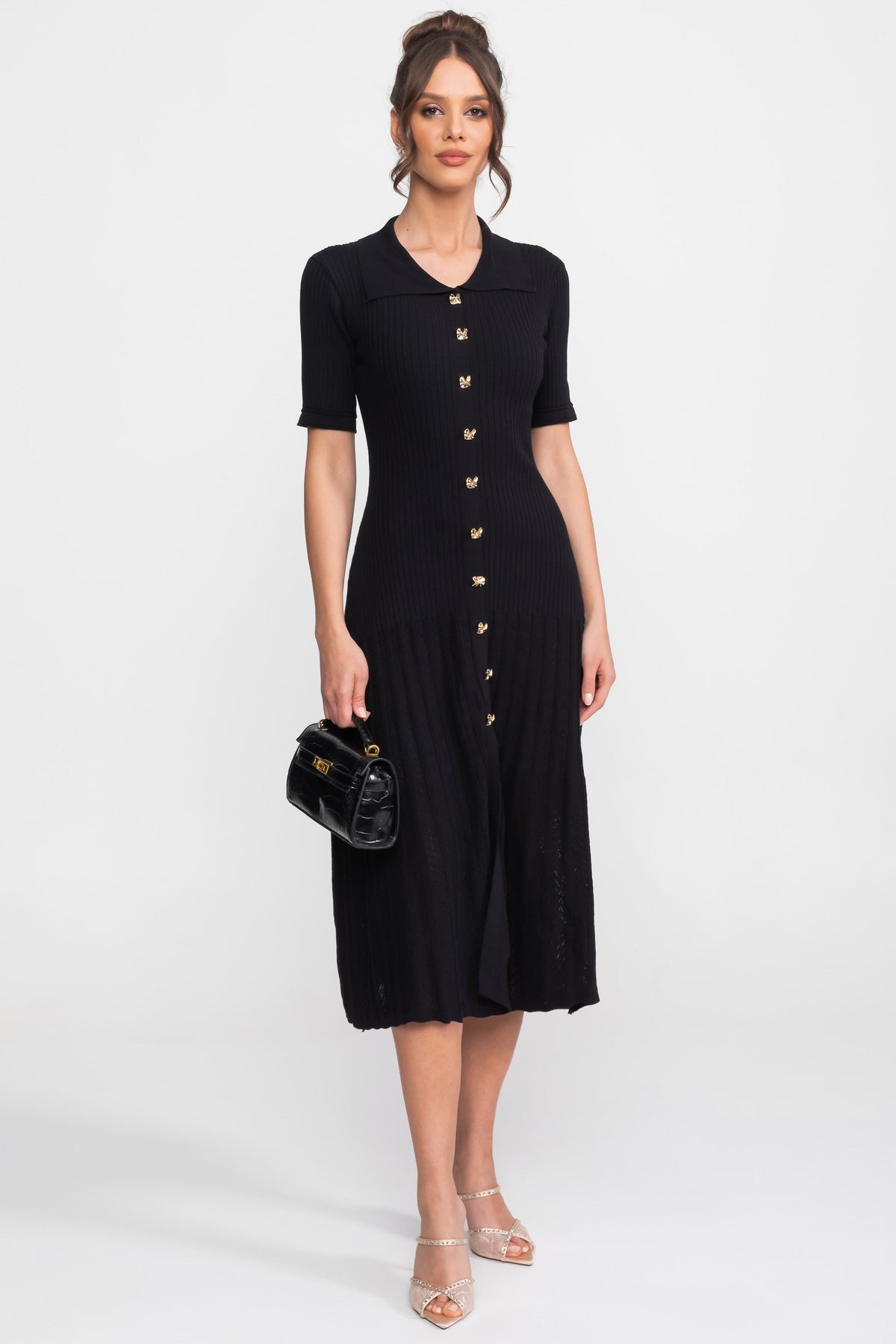Ribbed Knit Polo Collar Short Sleeve Button Front Pleated Midi Dress