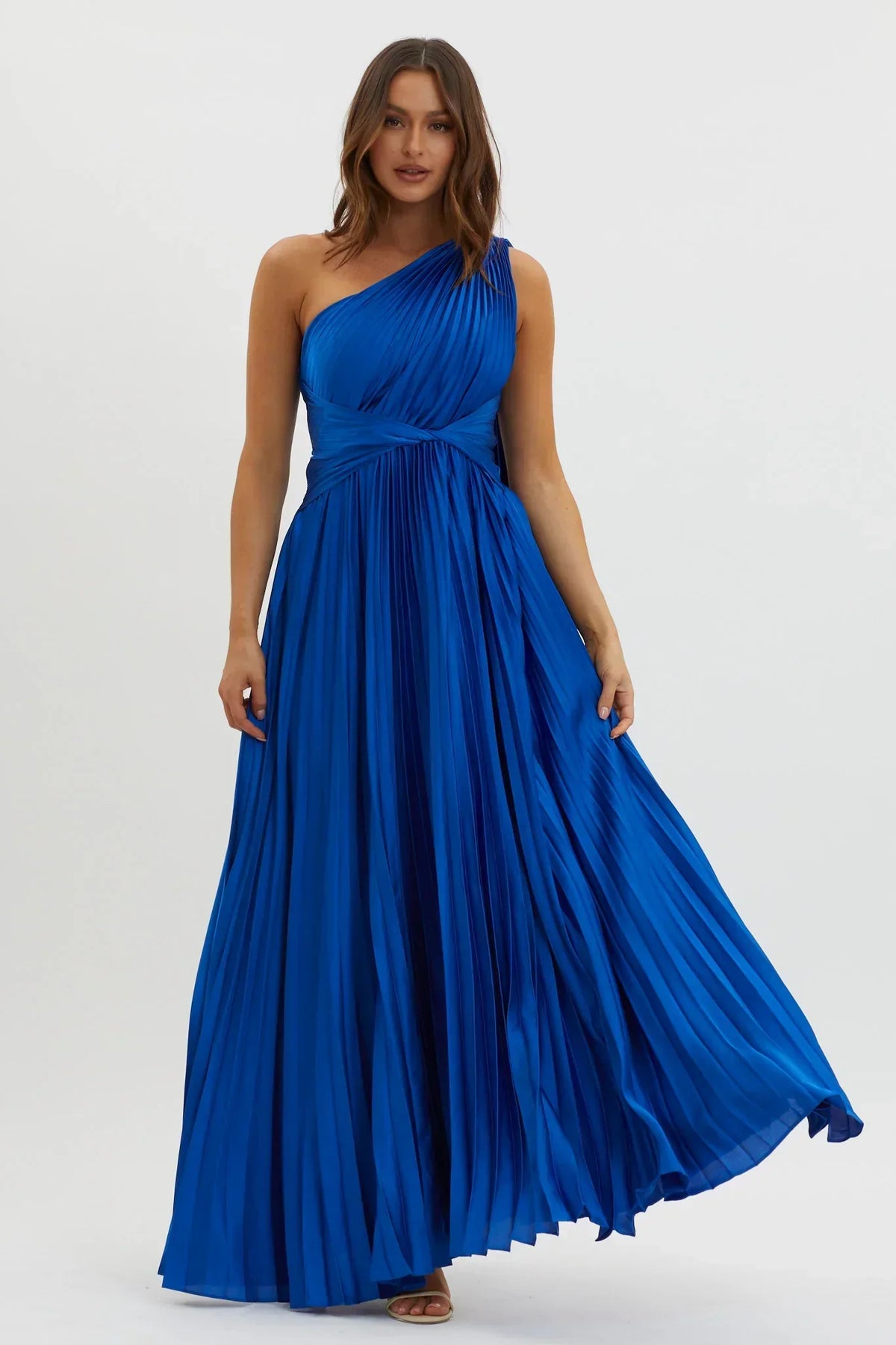 Satin One Shoulder Twist Waist Accordion Pleated Maxi Dress 5