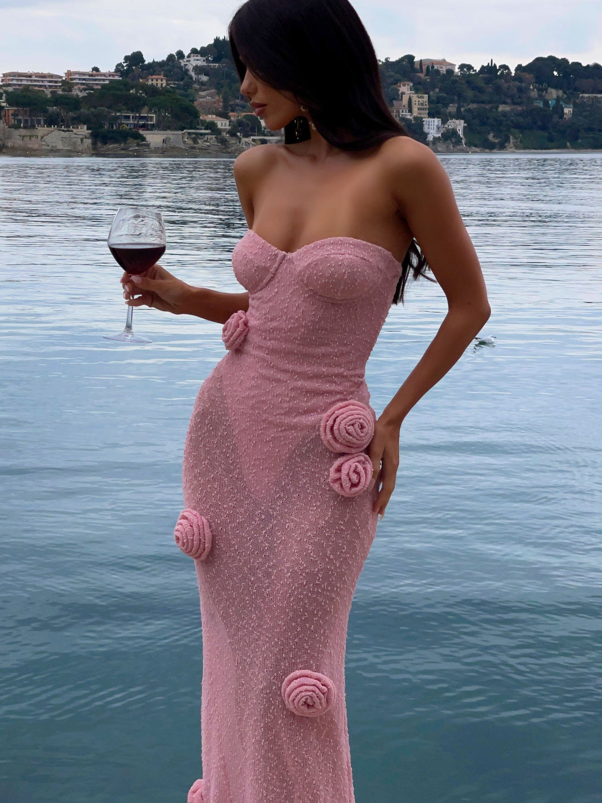 Textured Knit Strapless Sweetheart 3D Rosette Bodycon Maxi Dress 6