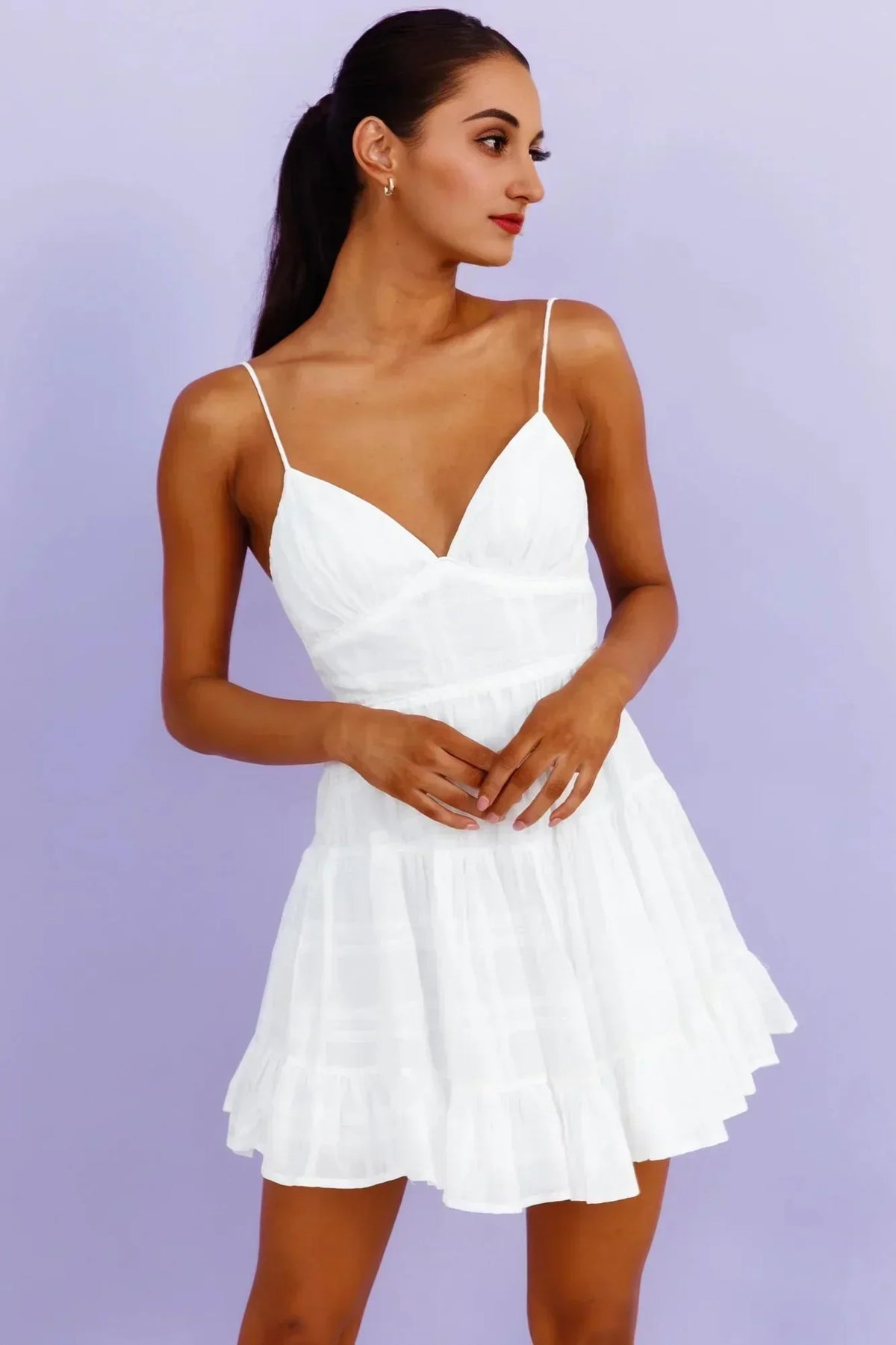V-Neck Spaghetti Strap Tiered Ruffle Hem Mini Dress