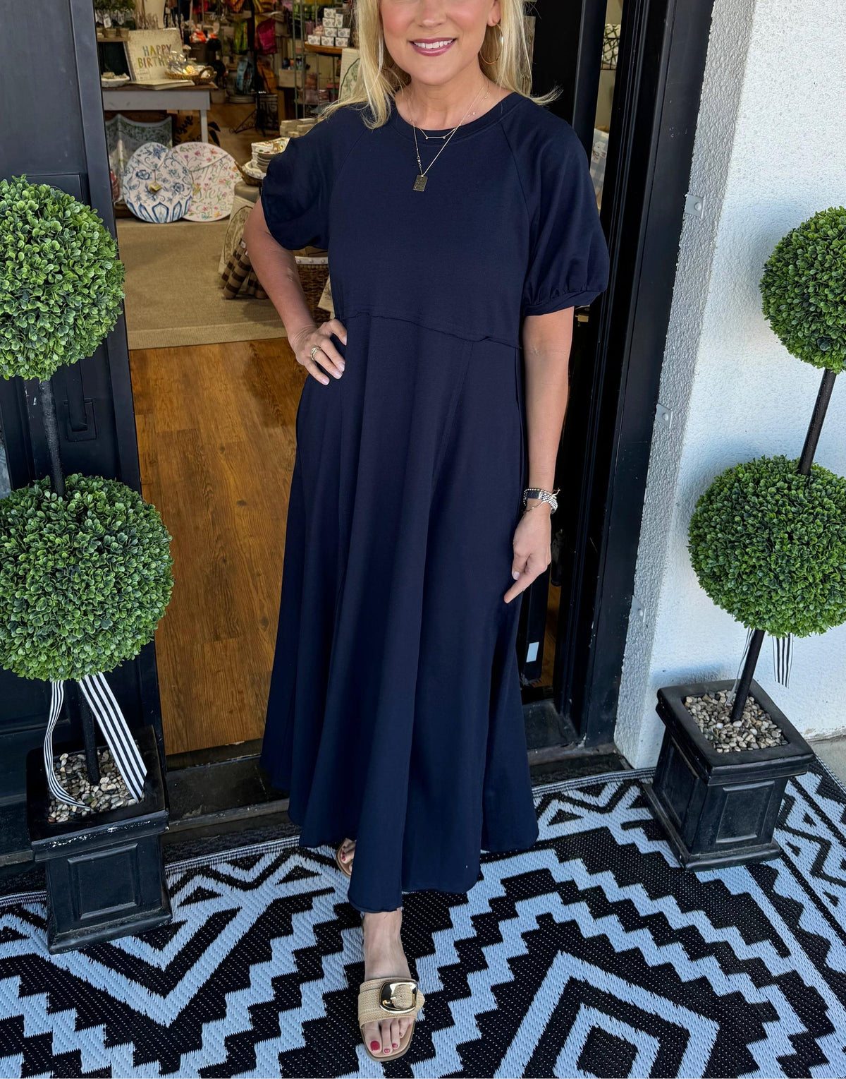 Round Neck Puff Sleeve Fit and Flare Midi Dress