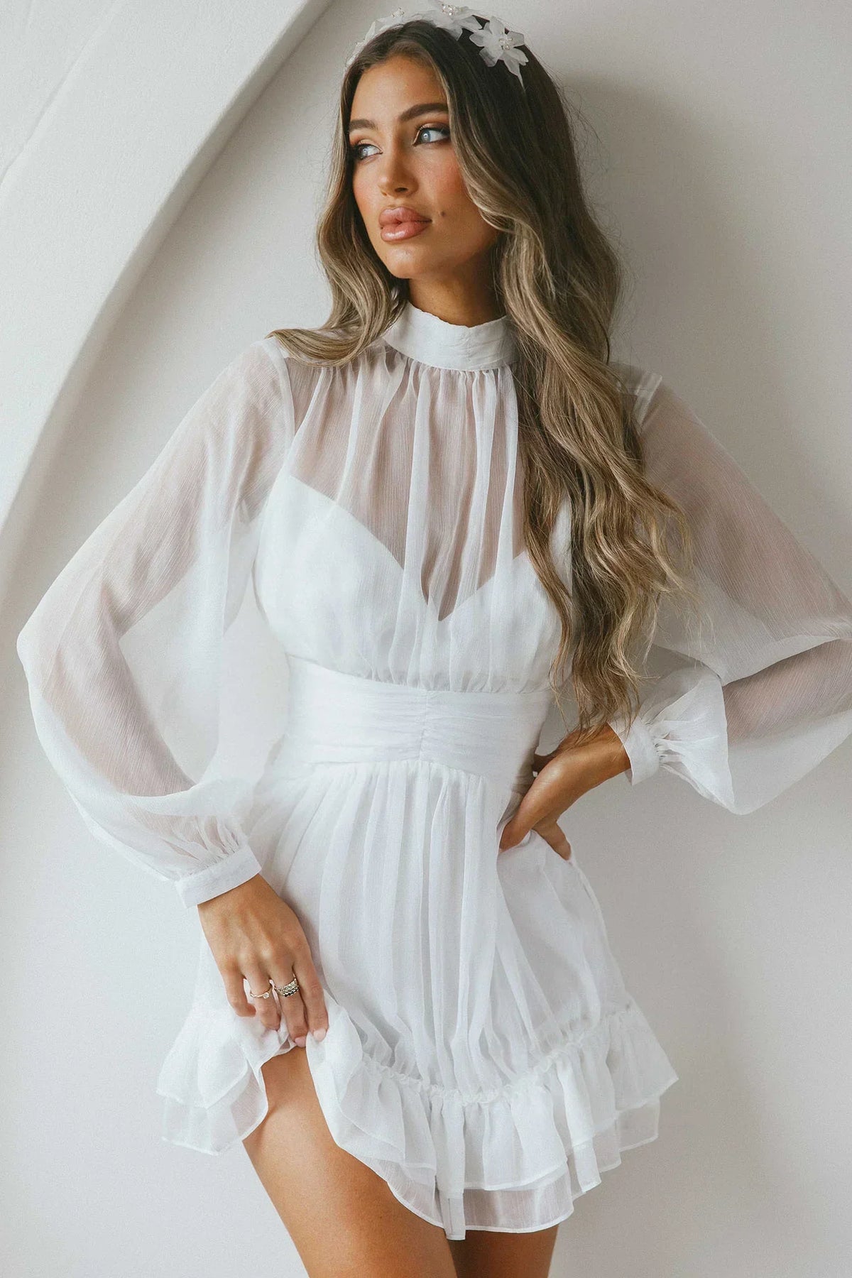 Sheer Chiffon High Neck Long Sleeve Ruffle Hem Mini Dress