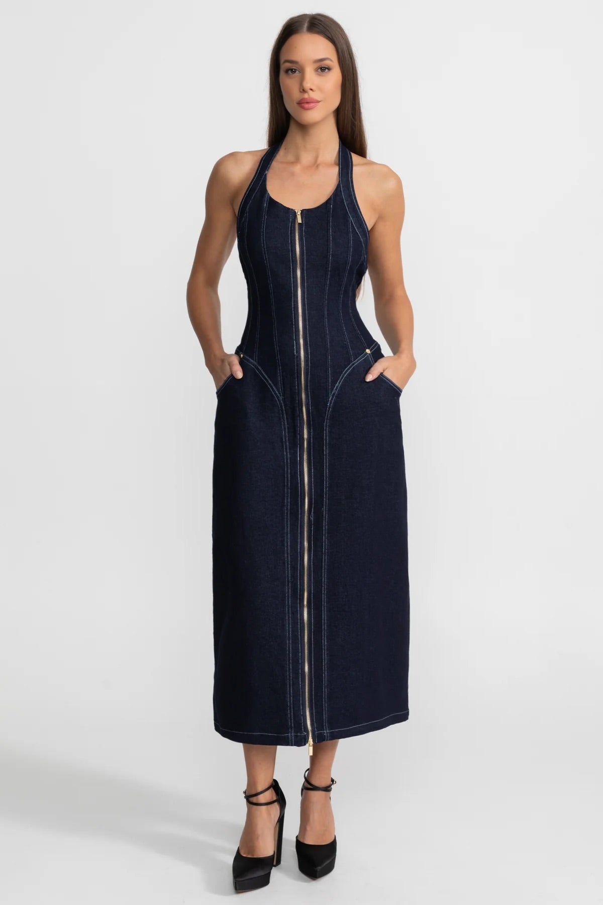 Denim Halter Neck Front Zip Corset Seam Midi Dress