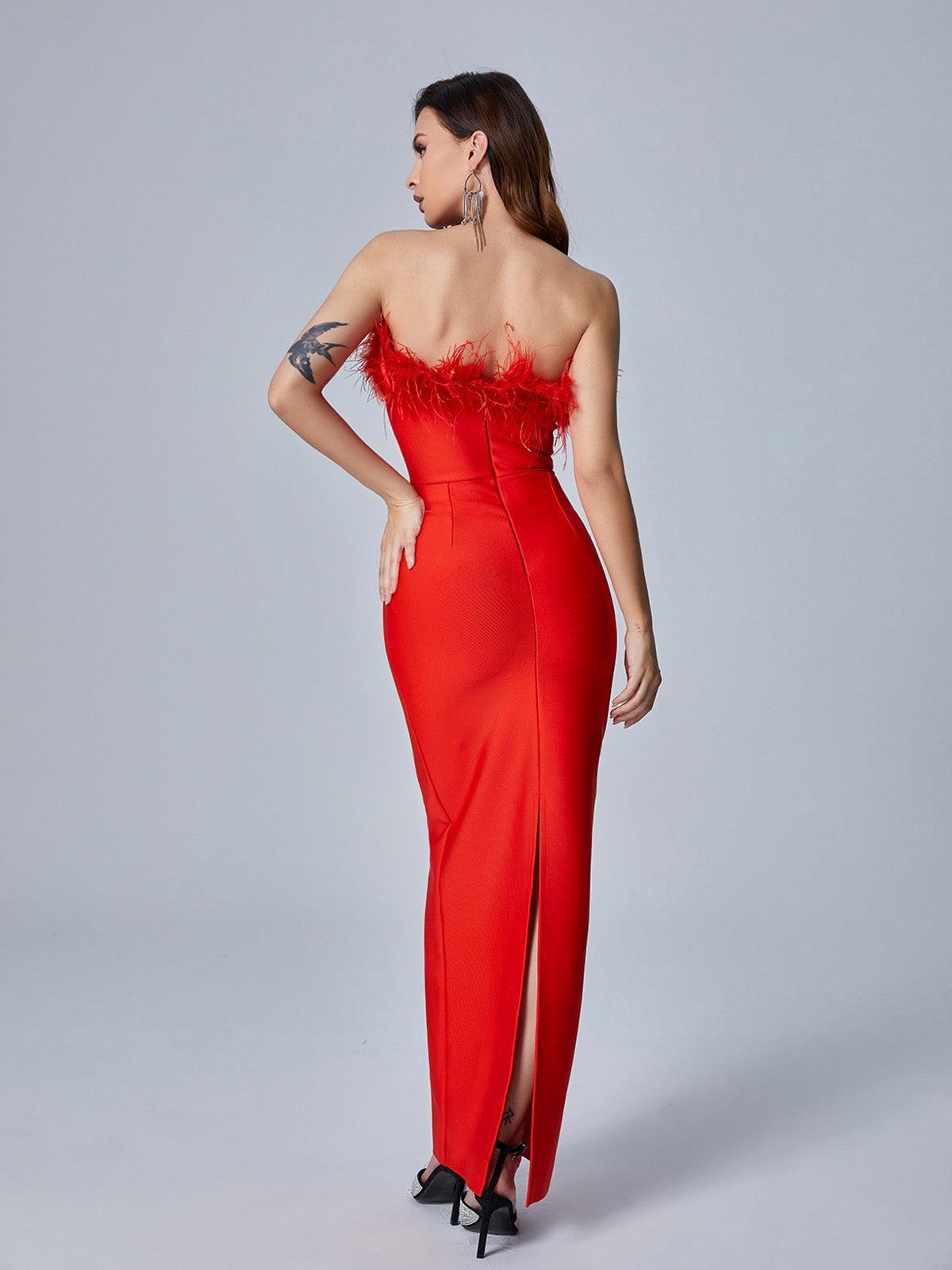 Mina Strapless Feather Trimmed Bandage Dress In Red 5