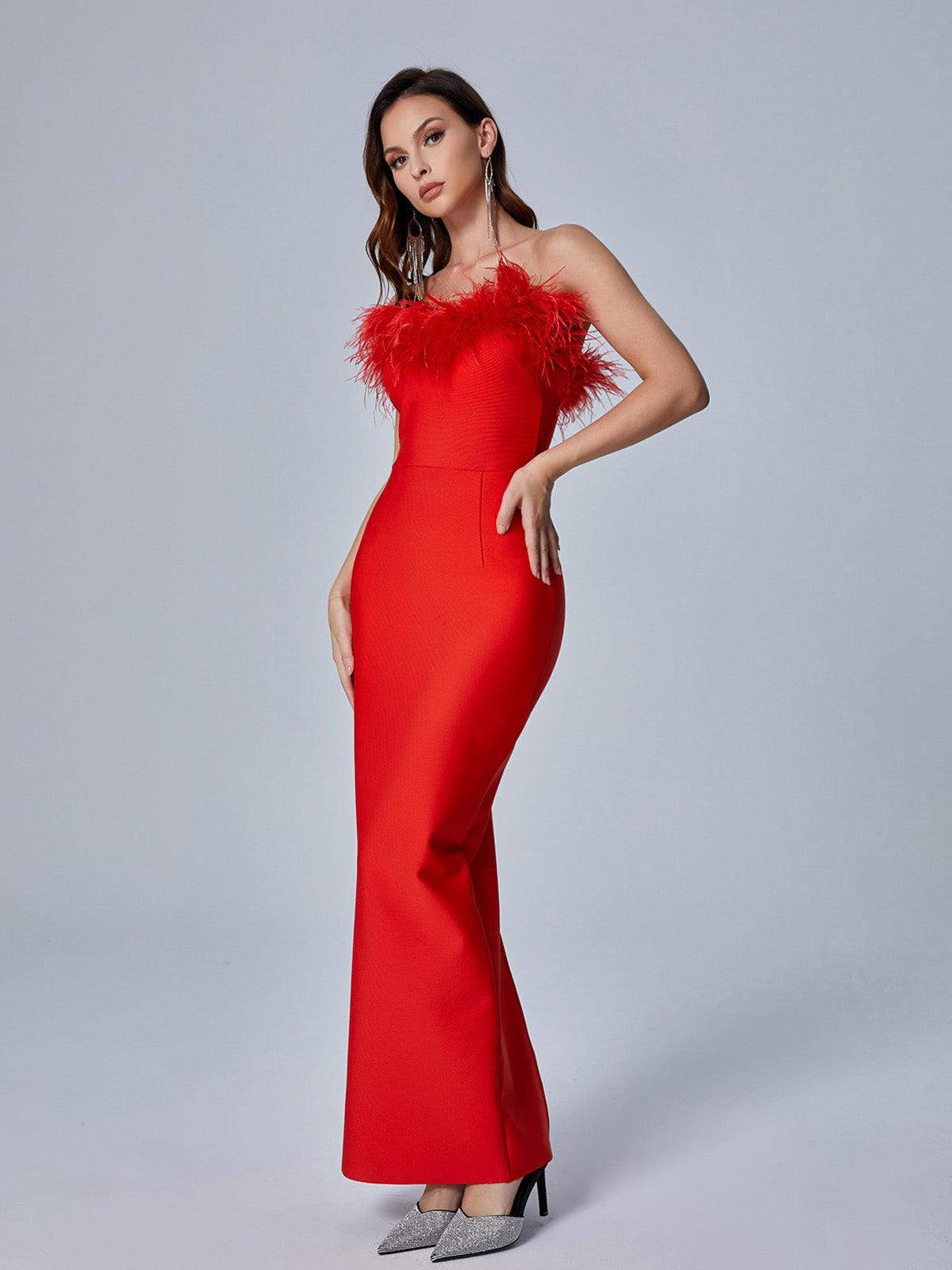 Mina Strapless Feather Trimmed Bandage Dress In Red 4