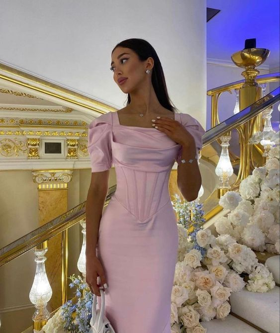 Pink Prom Dresses Women Short Sleeve Formal Party Evening Gown cc930