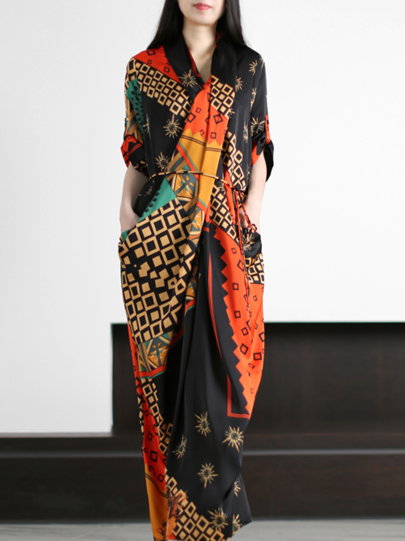 Geometric Print V-Neck Short Sleeve Draped Tie Waist Maxi Dress
