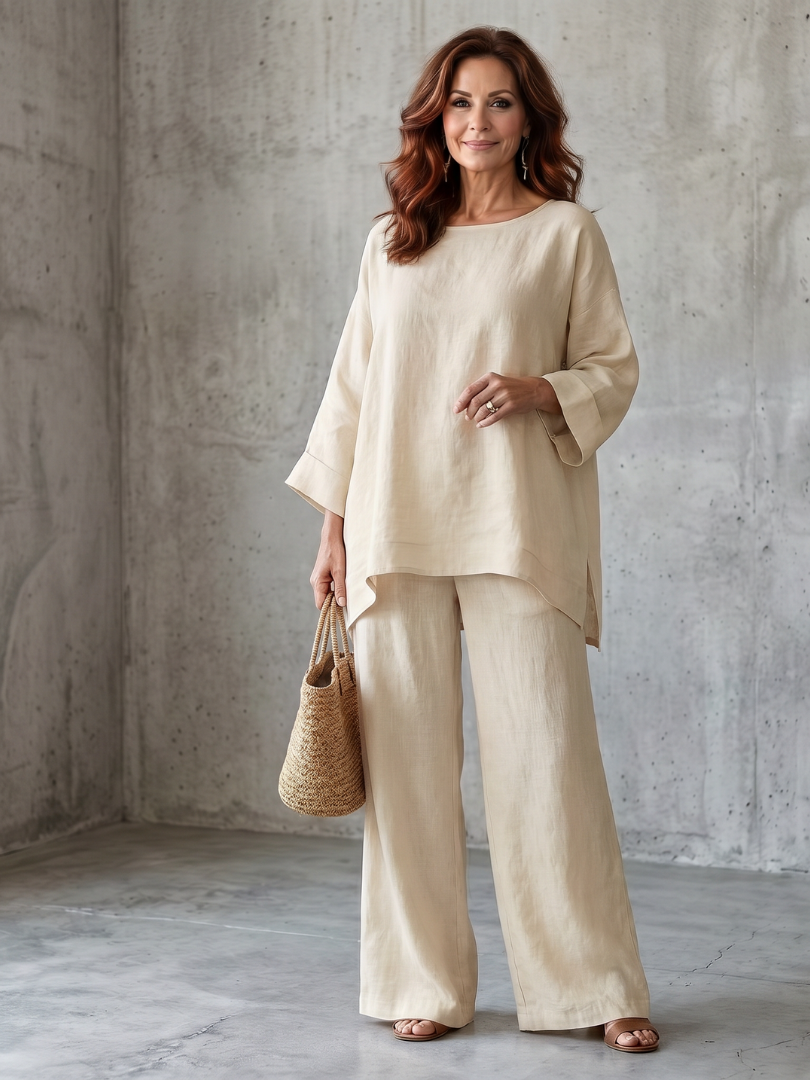 Round Neck Oversized Tunic and Wide Leg Pants Two Piece Set