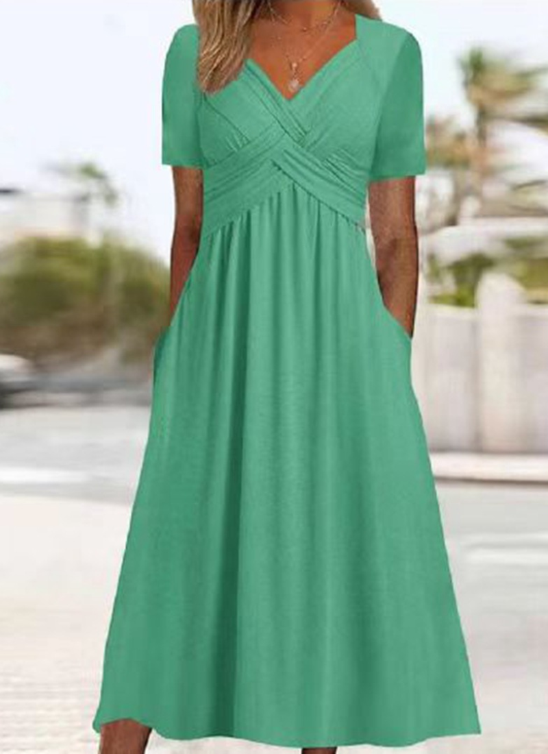 Faux Wrap V-Neck Short Sleeve A-Line Midi Dress 7