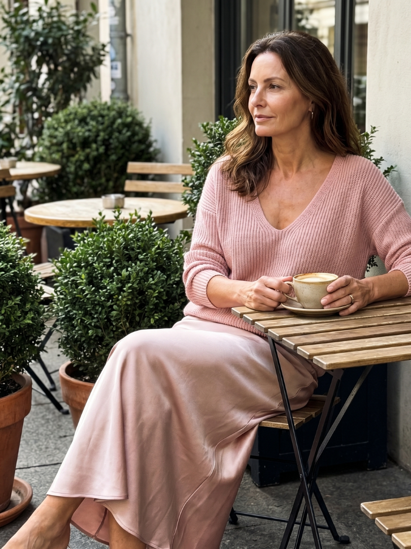 V-Neck Knit Sweater and Satin Slip Maxi Skirt Two Piece Set