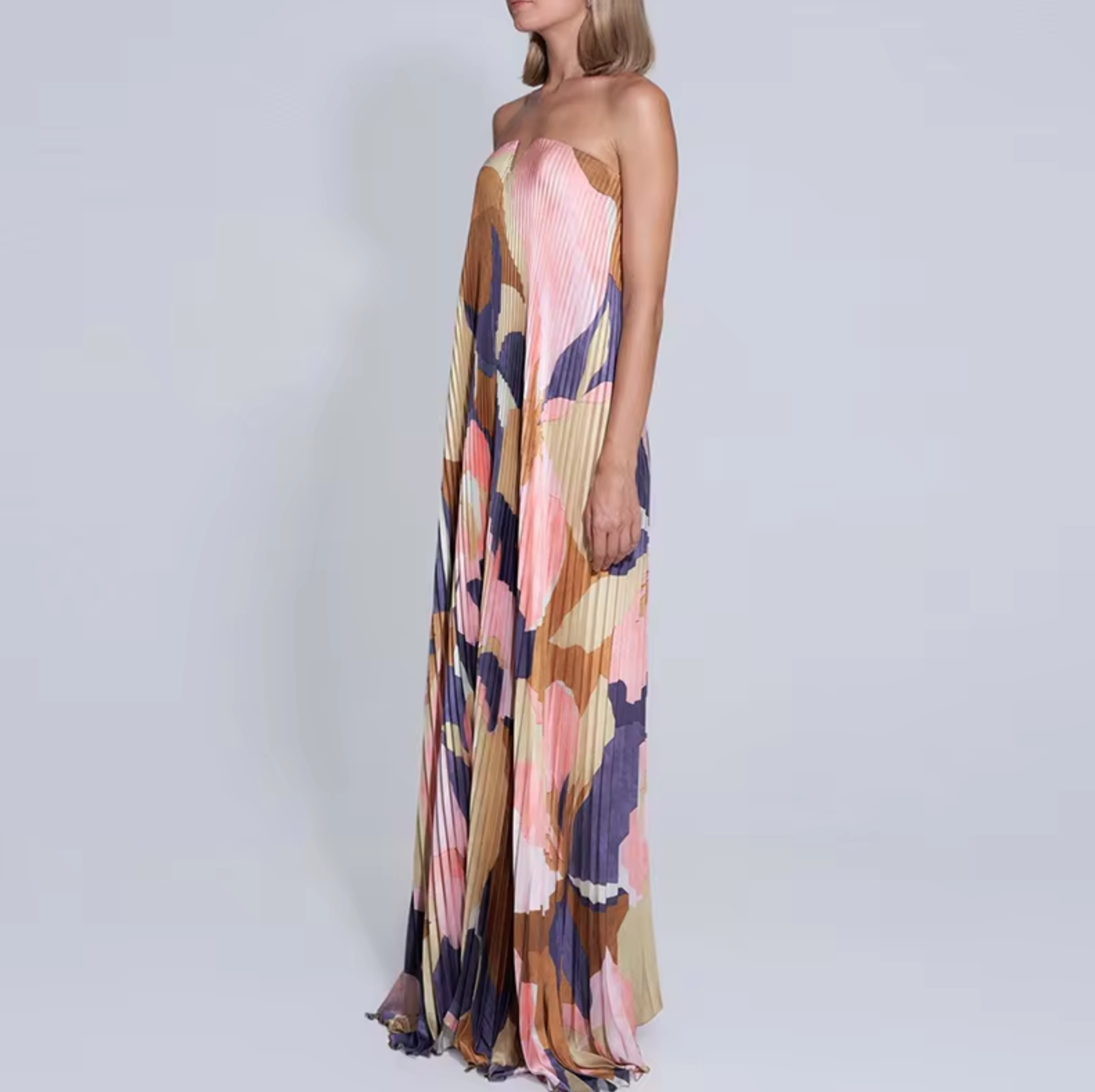 Strapless Floral Pleated A-Line Maxi Dress