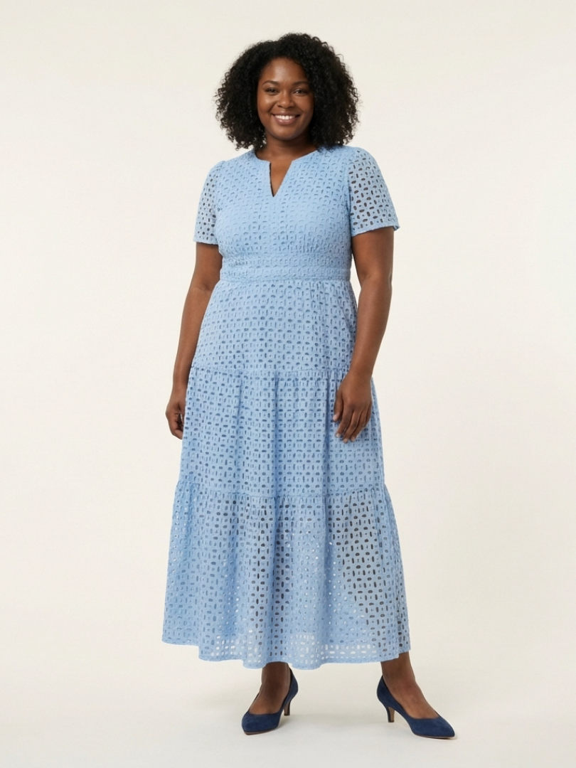 Eyelet Lace V-Neck Short Sleeve Tiered Maxi Dress