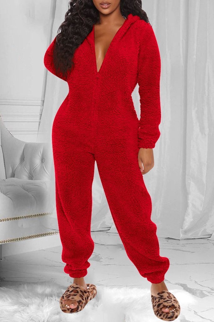 Fuzzy Hoodie Collar Jumpsuit Pajamas