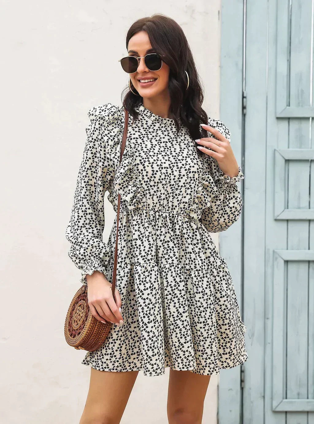 Ditsy Print Frill Neck Long Sleeve Ruffle Trim Tiered Mini Dress
