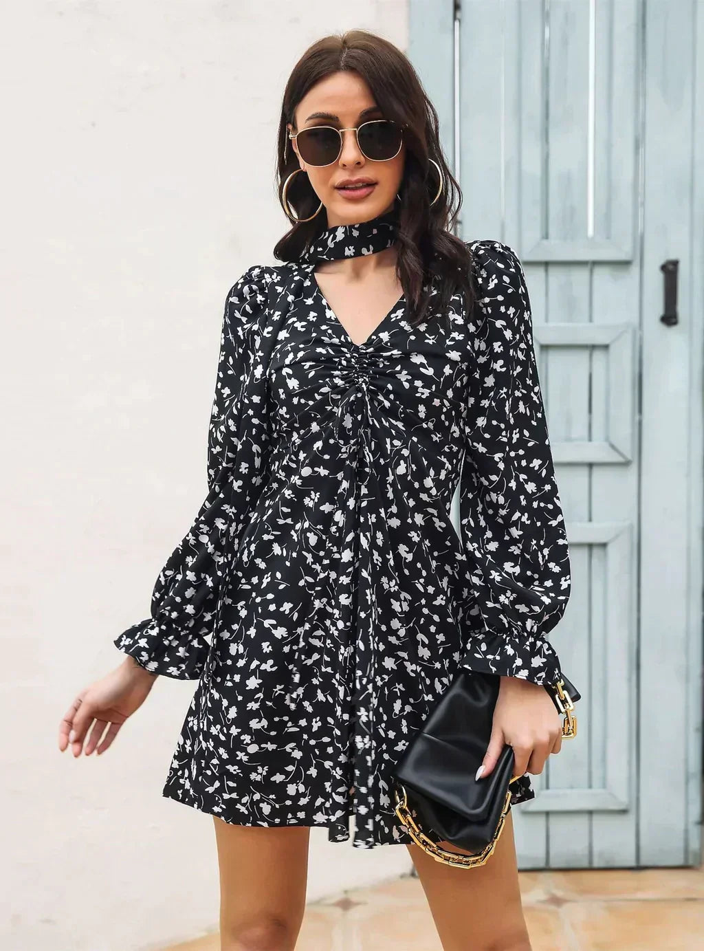 Floral Print V-Neck Choker Ruched Drawstring Flounce Sleeve Mini Dress 5