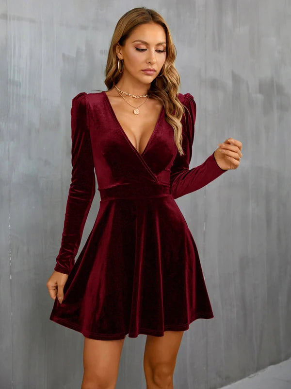 Velvet Deep V-Neck Wrap Front Puff Shoulder Long Sleeve Fit and Flare Mini Dress 3