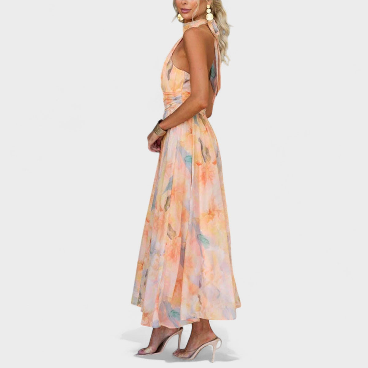 Abstract Print Halter Neck Cross Waist Maxi Dress