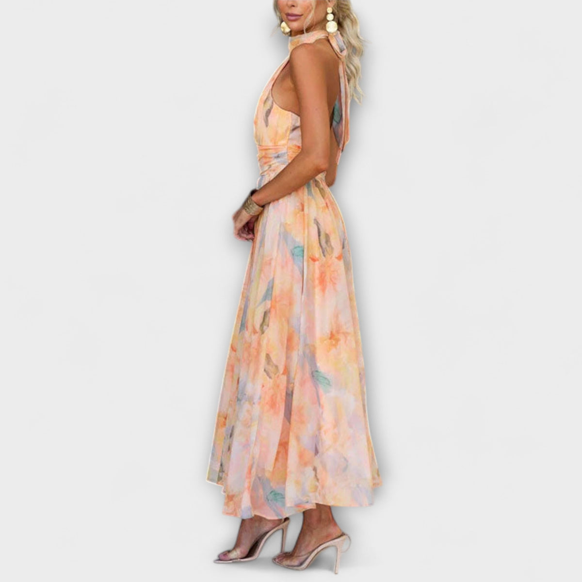 Halter Neck Watercolor Print Open Back Maxi Dress