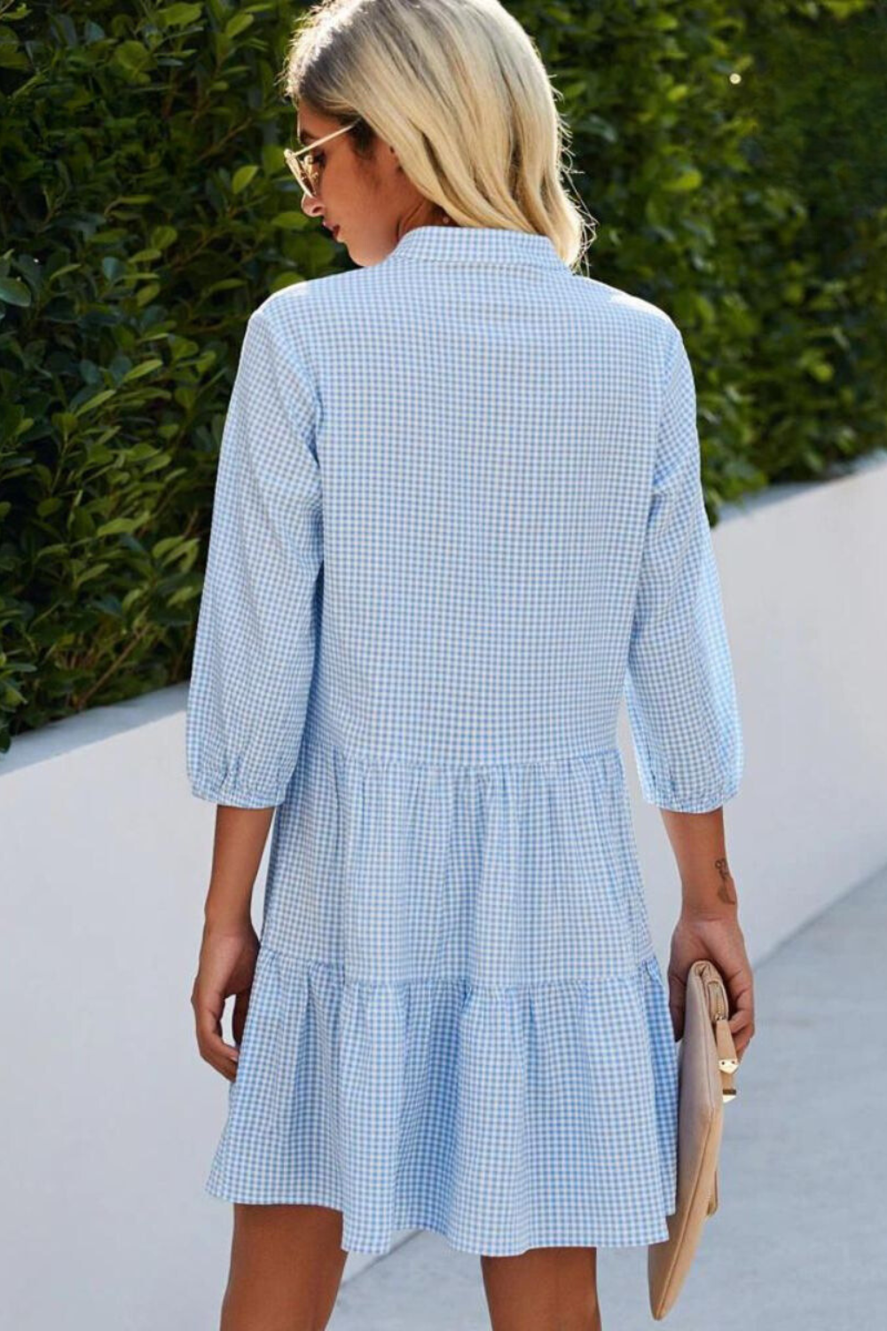 Gingham Check Mandarin Collar V-Neck Button Front Tiered Mini Dress